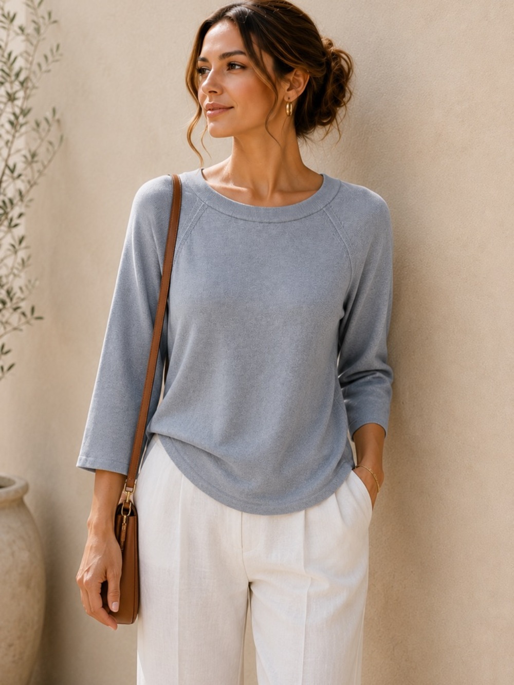 Jeanne Pierre 100% Cotton Sweater Large Blue Raglan Knit 3/4 Sleeve Lightweight
